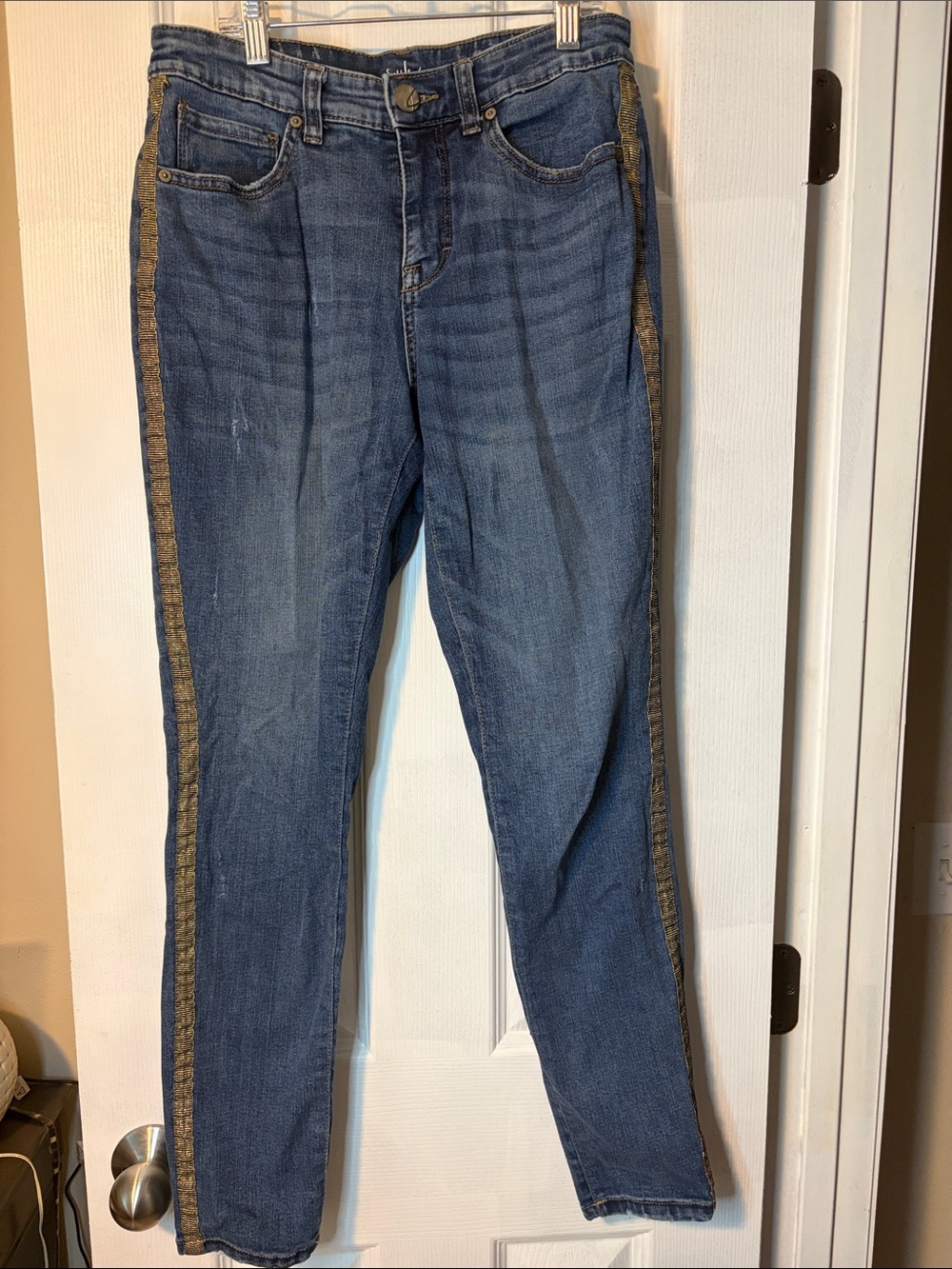 Blue Womens Jeans with Gold Side Stripe